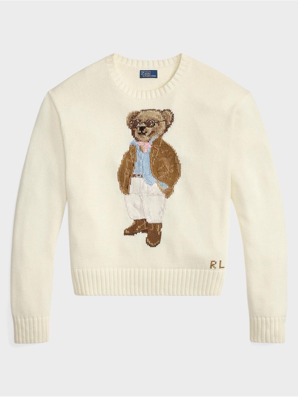 Ralph Lauren Cream Crewneck Sweater with Polo Bear Intarsia